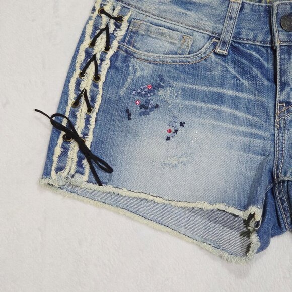 Express ✦ Corset Lace‑Up Denim Shorts ✦ Light Wash Distressed Jean Cutoffs Sz 2 - Picture 3 of 8